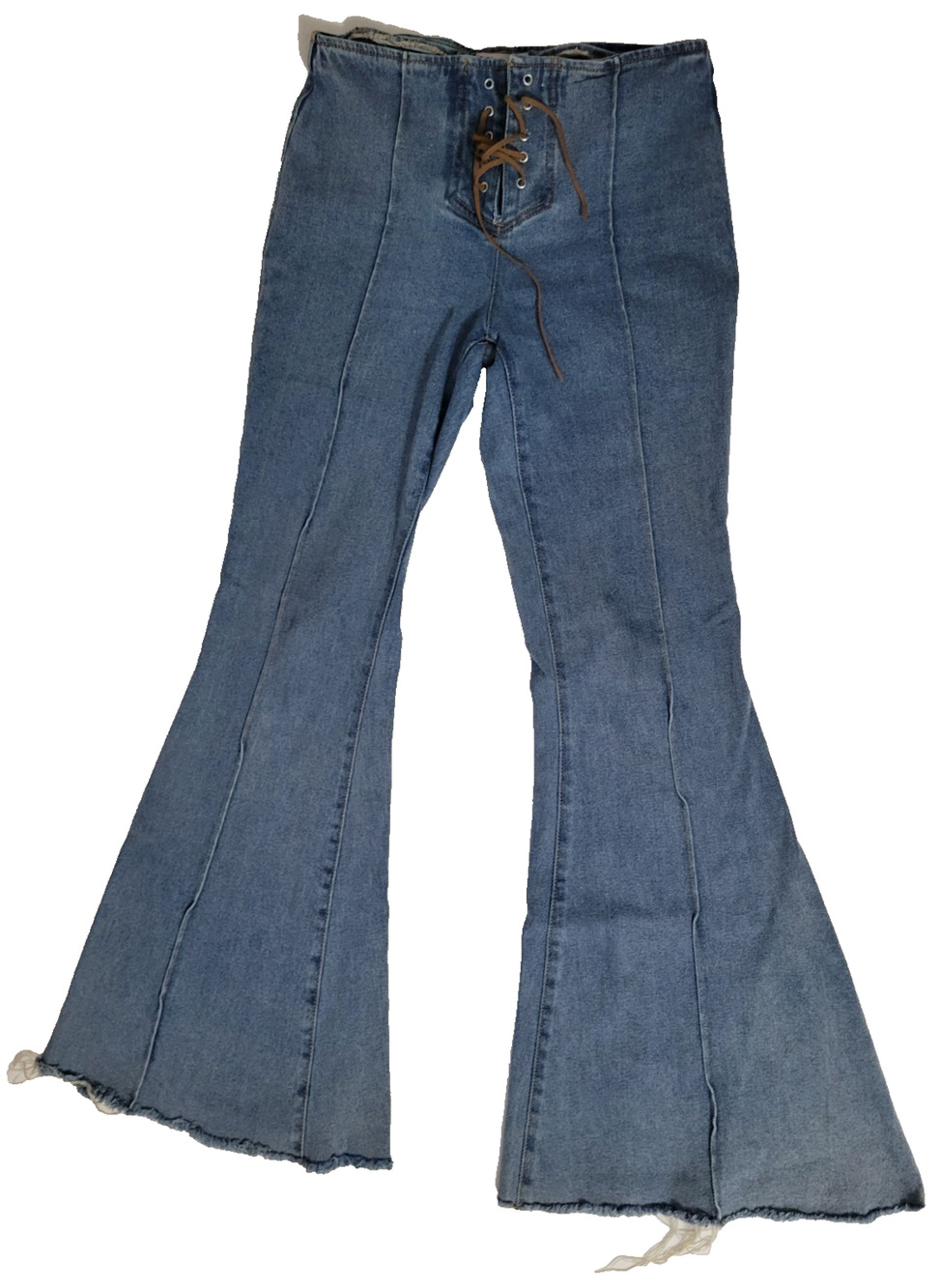 SO Womens Juniors 7 28W High Rise Lace Up Flare Jeans Blue Raw Hem Bell Bottom
